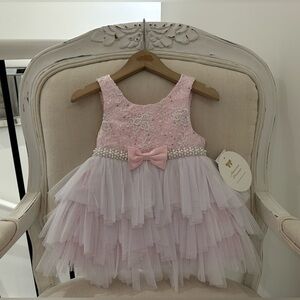 🦢 24 Mth Pink and White Layered Tulle, Crystal & Pearl Princess Baby Dress NWT